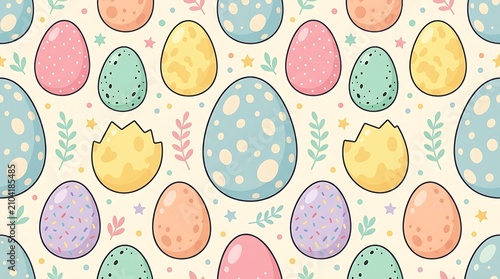 Seamless pattern of pastel colored easter eggs and spring leaves