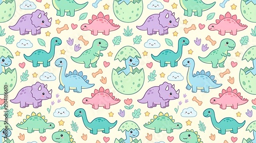 Adorable seamless pattern with colorful baby dinosaurs and eggs