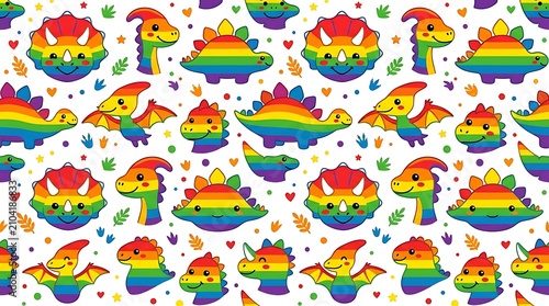 Colorful rainbow dinosaur seamless pattern with cute characters