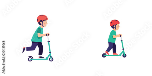 Young boy riding kick scooter wearing safety red helmet active childhood outdoor play vector illustration