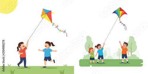 Happy children flying colorful kites in park during sunny summer day vector illustration set