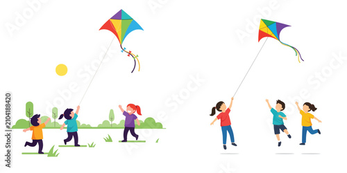 Happy cartoon children flying colorful kites in the park vector illustration