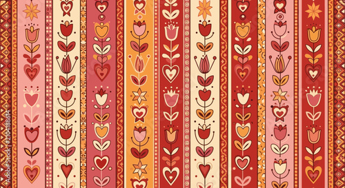 folk art floral seamless pattern with tulips and hearts in vertical stripes