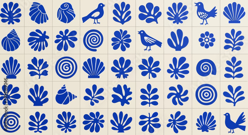 seamless tile pattern of blue organic shapes shells plants and birds