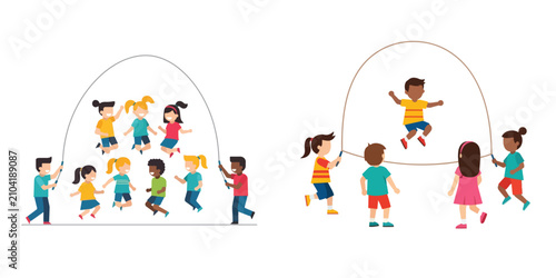 Diverse Group of Children Playing Jump Rope Together in Outdoor Playground Setting for Active Play and Social Development Activity Vector Illustration