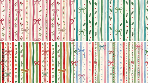 watercolor christmas patterns featuring festive striped backgrounds bows and winter foliage a charming seamless holiday backdrop.