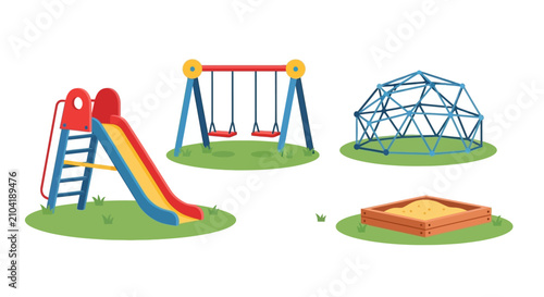 colorful playground equipment set with slide swing set jungle gym and sandpit on green grass ideal for childhood play illustrations