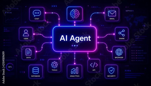 Complex ai agent network dashboard with glowing neon icons illustrating modern smart operations.