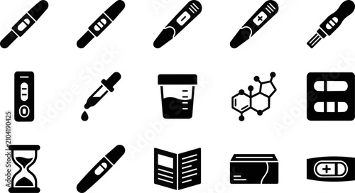 Bild auf Leinwand Set of black and white pregnancy test and medical diagnostic equipment icons for