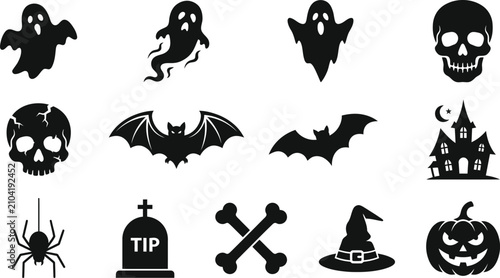 Cuadro en lienzo Set of halloween symbols and spooky icons featuring ghosts skulls bats spider ha