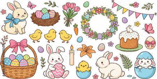 Canvas Print Cute easter holiday vector element set with cartoon bunnies chicks colored eggs