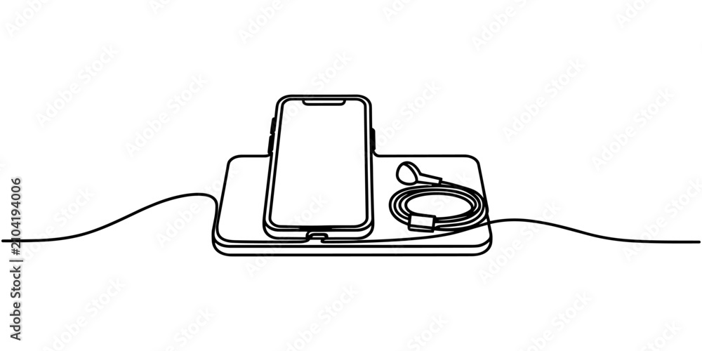 Obraz premium Wireless Charging Pad Smartphone Earbuds Continuous One Line Drawing