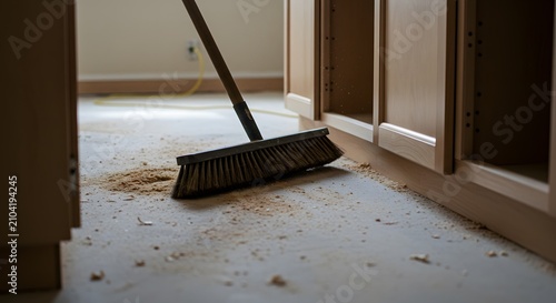 Dusty Kitchen Floor with Broom and Wooden Cabinets in Home Renovation Setting