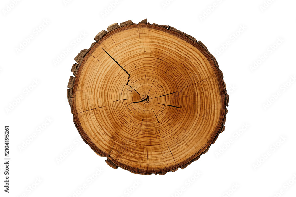 Fototapeta premium Wood log cross section showing tree rings, timber texture, and growth pattern indicating age, on transparent background