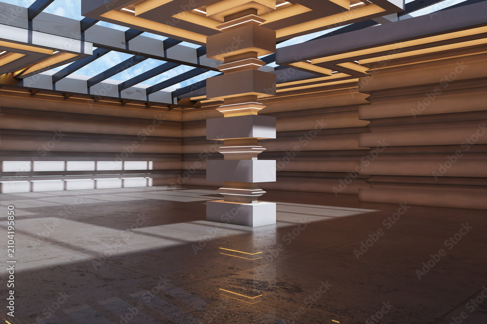 Obraz premium Futuristic empty exhibition hall with geometric stepped column, layered beige walls, glowing skylight ceiling and polished concrete floor. 3D Rendering
