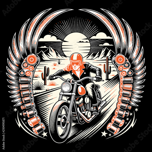 Foto Biker riding motorcycle in desert with wings and sun emblem