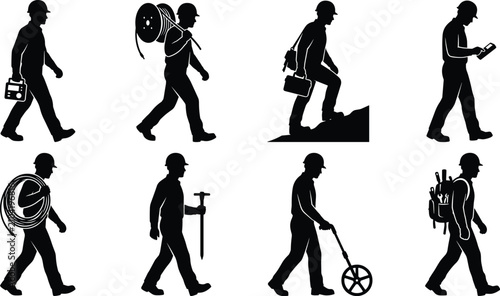 Underground utility worker and land surveyor silhouettes set performing field site inspection