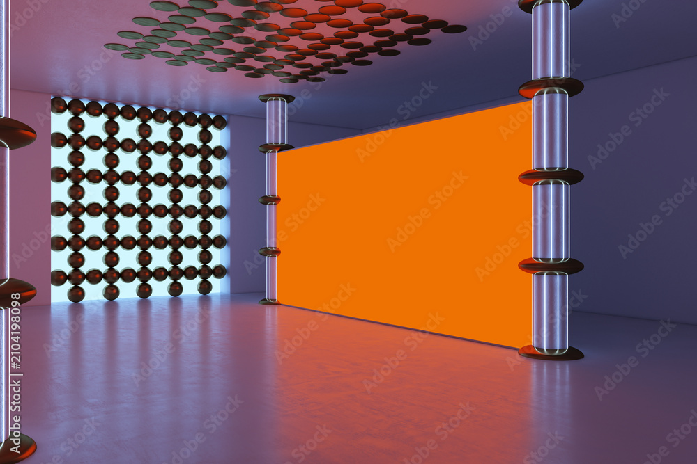 Obraz premium Blank orange screen mockup in abstract futuristic interior with glowing neon columns, sphere wall and purple light for advertising design. 3D Rendering