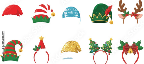 A collection of ten festive Christmas accessories including various hats, headbands, reindeer antlers, and holiday-themed festive headwear on white background