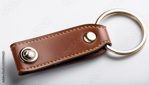 On A White Background A Leather Keychain With A Brass Ring
