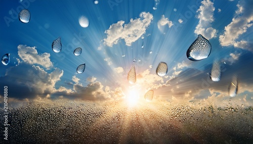Bright And Luminous Sky With Rays And Droplets Of Water Falling
