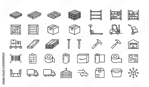 Wooden pallet and warehouse outline icon set editable logistics vector