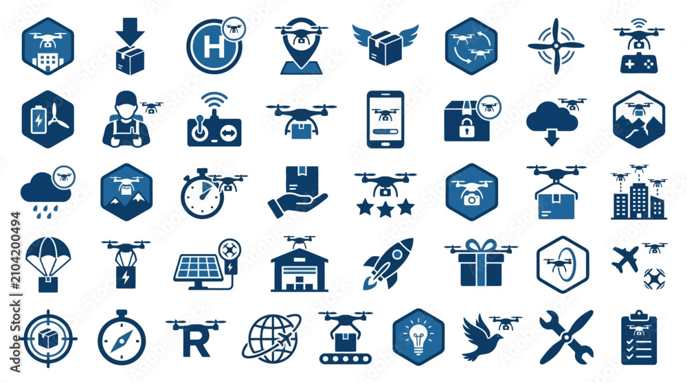 Fototapeta premium Vector Icons Set of blue drone technology icons for logistics and delivery services. EPS Editable
