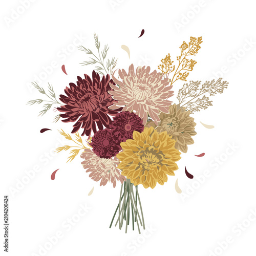 A beautifully illustrated bouquet of chrysanthemums and wild grass in autumnal colors.