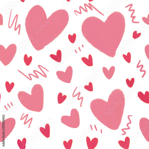 Cute Seamless Pink Heart Pattern with Hand Drawn Doodle, Transparent Background