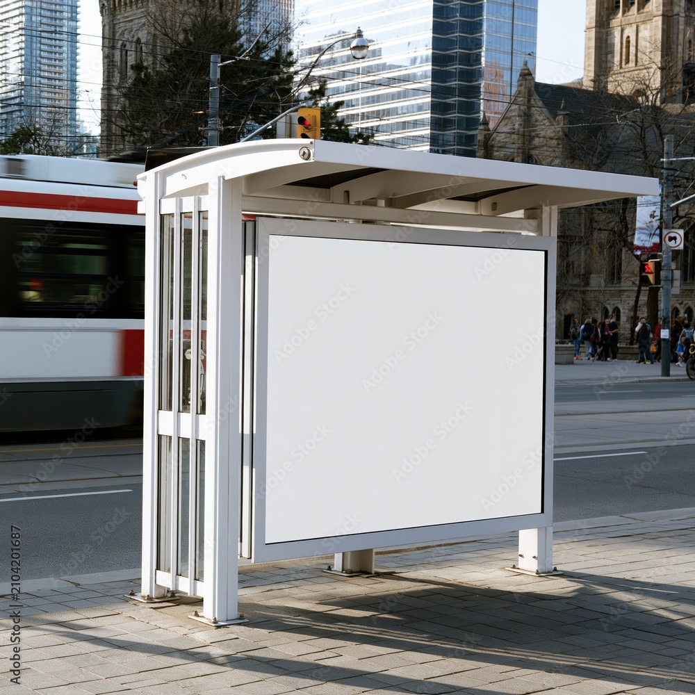 Obraz premium Blank Toronto bus shelter advertising display mockup. Blank white billboard poster display provides copy space at a downtown bus stop