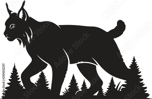 Photography Strong stylized black and white illustration of a bobcat or lynx head in profile