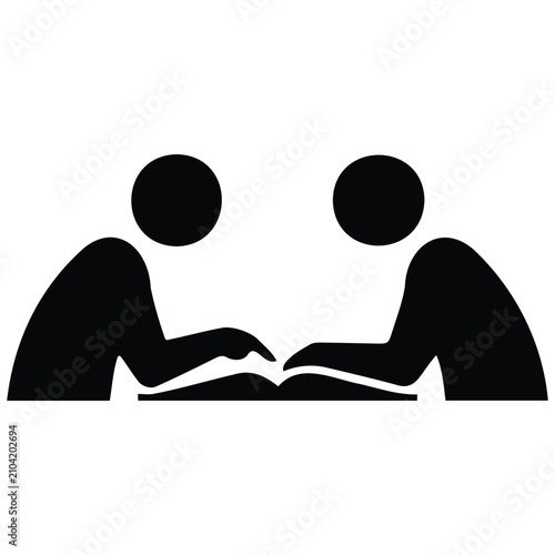 Two people reading book silhouette illustration for education and library concept vector.