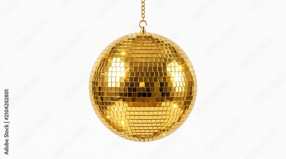 Obraz premium Golden disco ball hanging on white background with sparkling light reflections with suspended chain against entertainment celebration decoration