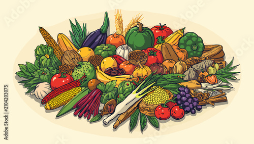 Photos A vibrant and abundant assortment of fresh fruits, vegetables, grains, and nuts artfully arranged on a light beige background