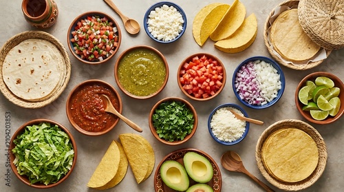 Top view of traditional mexican taco ingredients with tortillas and various fresh toppings on grey table. taco bar setup