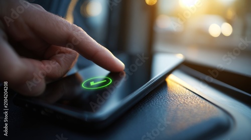 Finger touching phone screen with checkmark