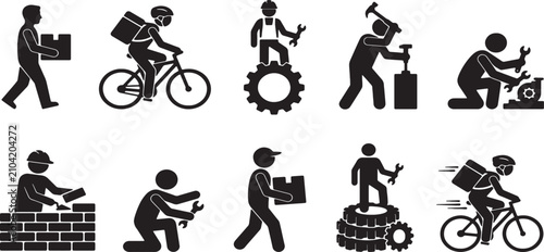 Foto Silhouetted workers and delivery personnel engaged in various manual tasks