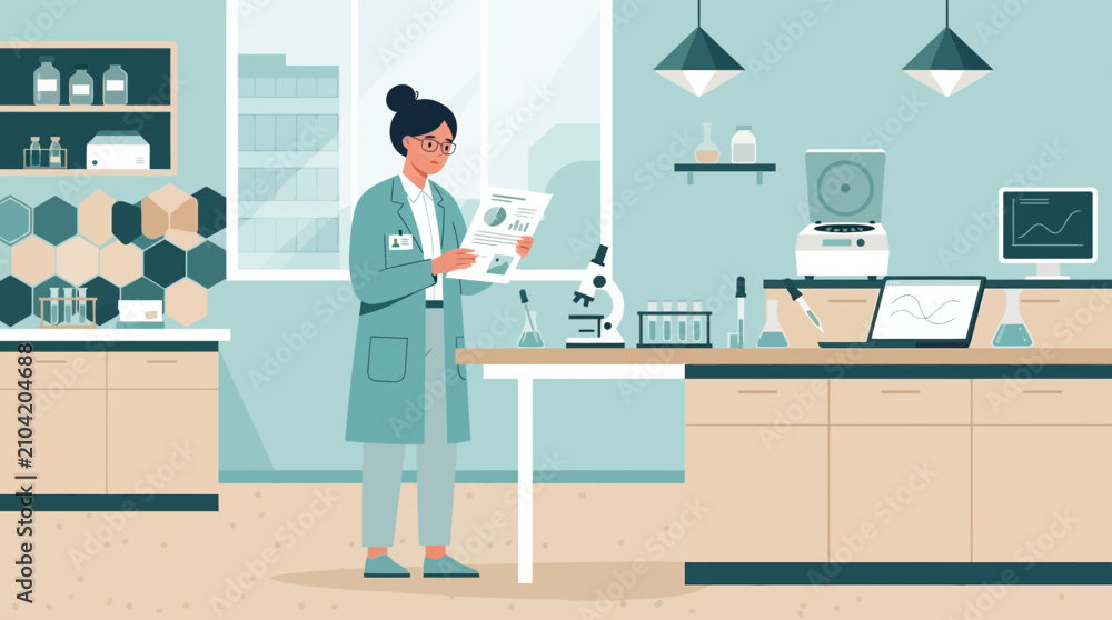 Fototapeta premium Female scientist reviewing research data in modern laboratory