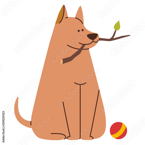 Happy dog sitting with a stick and a ball in flat style. Playful domestic pet waiting for a game outdoors isolated on white background