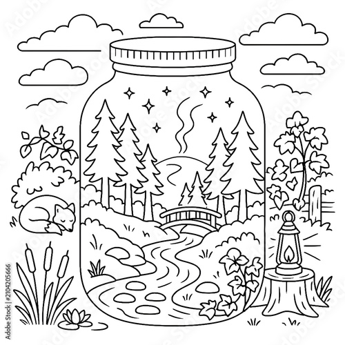 Whimsical Alpine Mountain in Jar Coloring Page