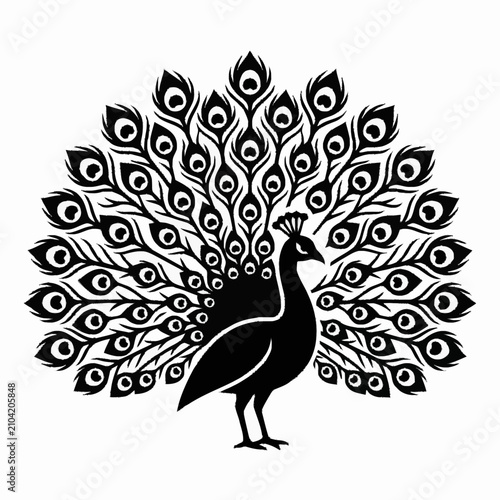 Black and white peacock illustration.