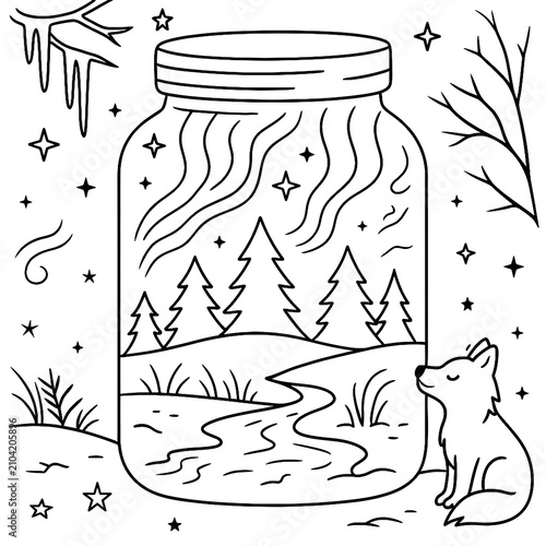 Whimsical Alpine Mountain in Jar Coloring Page