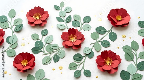 Paper Petals and Leaves: A beautiful arrangement of handcrafted red paper flowers interspersed with delicate green paper leaves, evoking a sense of natural artistry and springtime beauty.