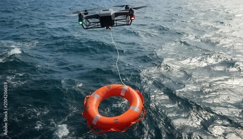 Drone Carrying Lifebuoy Over Ocean