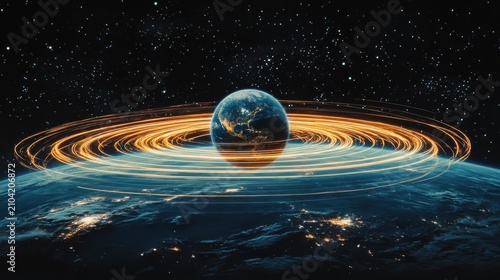 Global data exchange lines orbiting around Earth in space