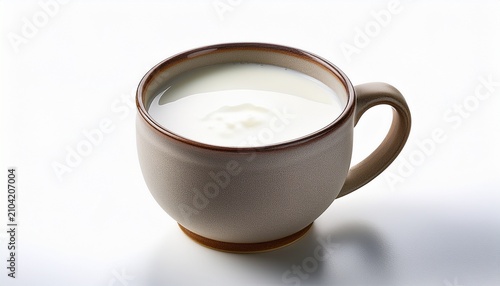 Ceramic Mug Half Full Of Fresh White Milk Viewed From Angle With Smooth Surface And Clean Design Isolated On White Background