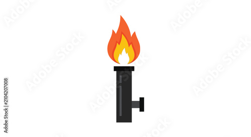 Burning torch with flame and white background, simple flat illustration.