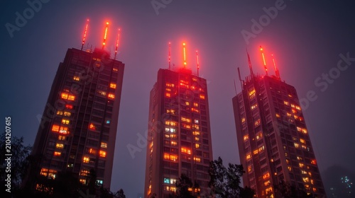 High-rise buildings with 5G antennae emitting glowing signals