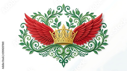 Royal Emblem: A majestic golden crown is flanked by vibrant red wings and surrounded by an intricate green leafy flourish, symbolizing power, nobility, and glory.
