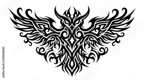 Tribal Owl Tattoo Design: An intricate and striking tribal-style illustration of an owl, rendered in bold black lines, featuring ornate patterns and outstretched wings, symbolizing wisdom and mystery.